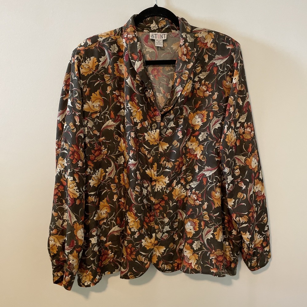 Stunt 2X‎ Brown Floral 100% Silk Blouse Vintage Button Front Boho